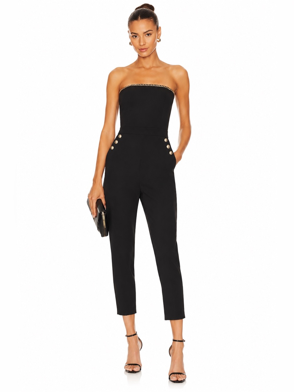 Generation Love Black Strapless Jumpsuit with Gold Chain and Button Accents